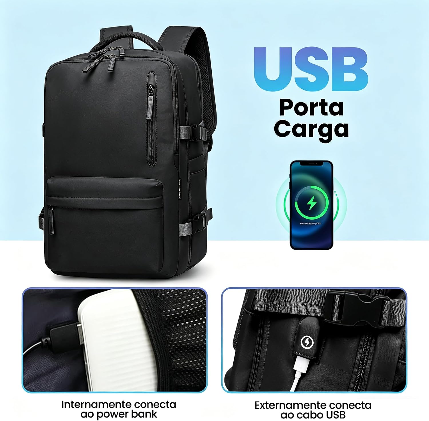 Romantic Crown Mochila de Viagem Expansivel Avião Grande Feminina,Mochila Executiva Masculina Impermeável Reforçada para Notebook,Casual Esportes Hiking Escola Presente (Todo Preto)