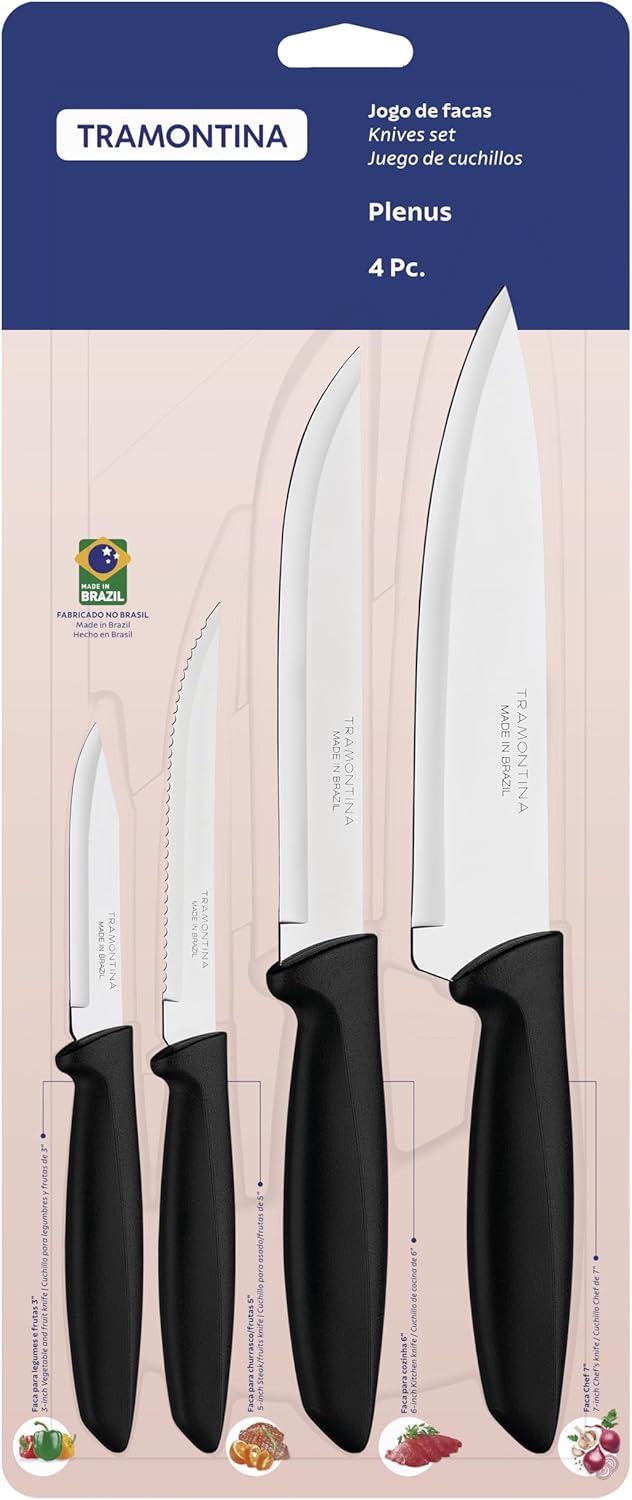 Jogo de Facas Tramontina Plenus Aço Inox Cabos Polipropileno Preto 4 Peças