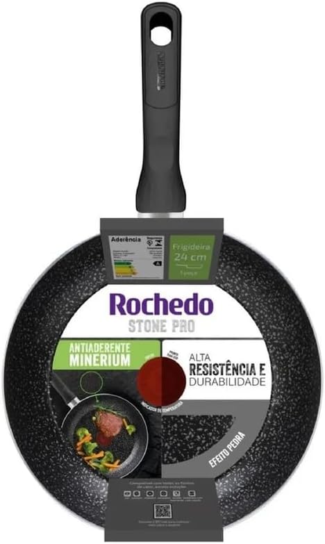 Frigideira Rochedo Stone Pro 24cm Preto com Efeito Pedra e Antiaderente Minerium, Alta Resistência e Durabilidade, Cabos Ergonômicos para Maior Segurança e Base Limpa Fácil