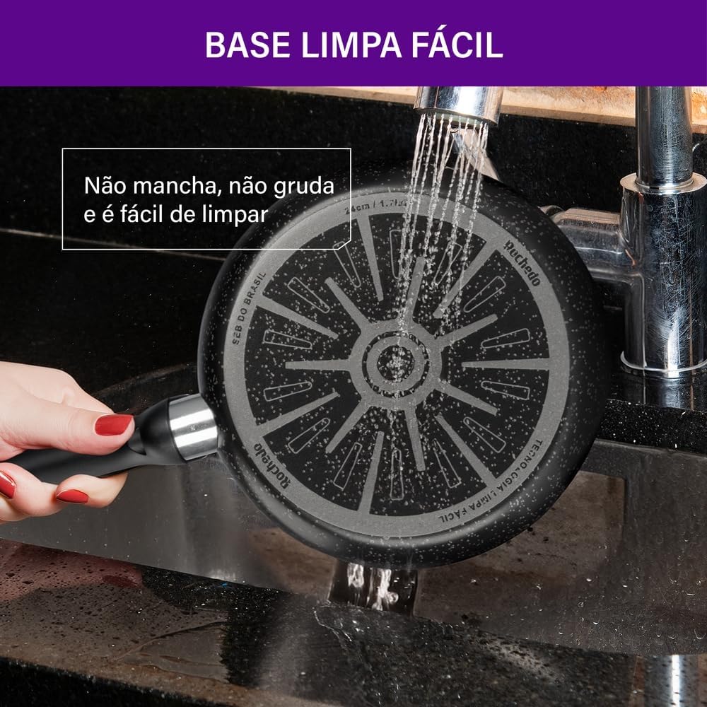 Frigideira Rochedo Stone Pro 24cm Preto com Efeito Pedra e Antiaderente Minerium, Alta Resistência e Durabilidade, Cabos Ergonômicos para Maior Segurança e Base Limpa Fácil