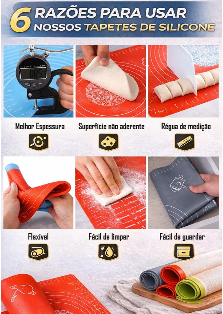 Kit Com 2 Tapetes De Silicone Culinário Ideal Para Confeitaria Preparar Massas Como Pães Pão de Queijo Rosquinhas Forma Antiaderente Reutilizavél Premium 30x 40 FONSES (CORES SORTIDAS)