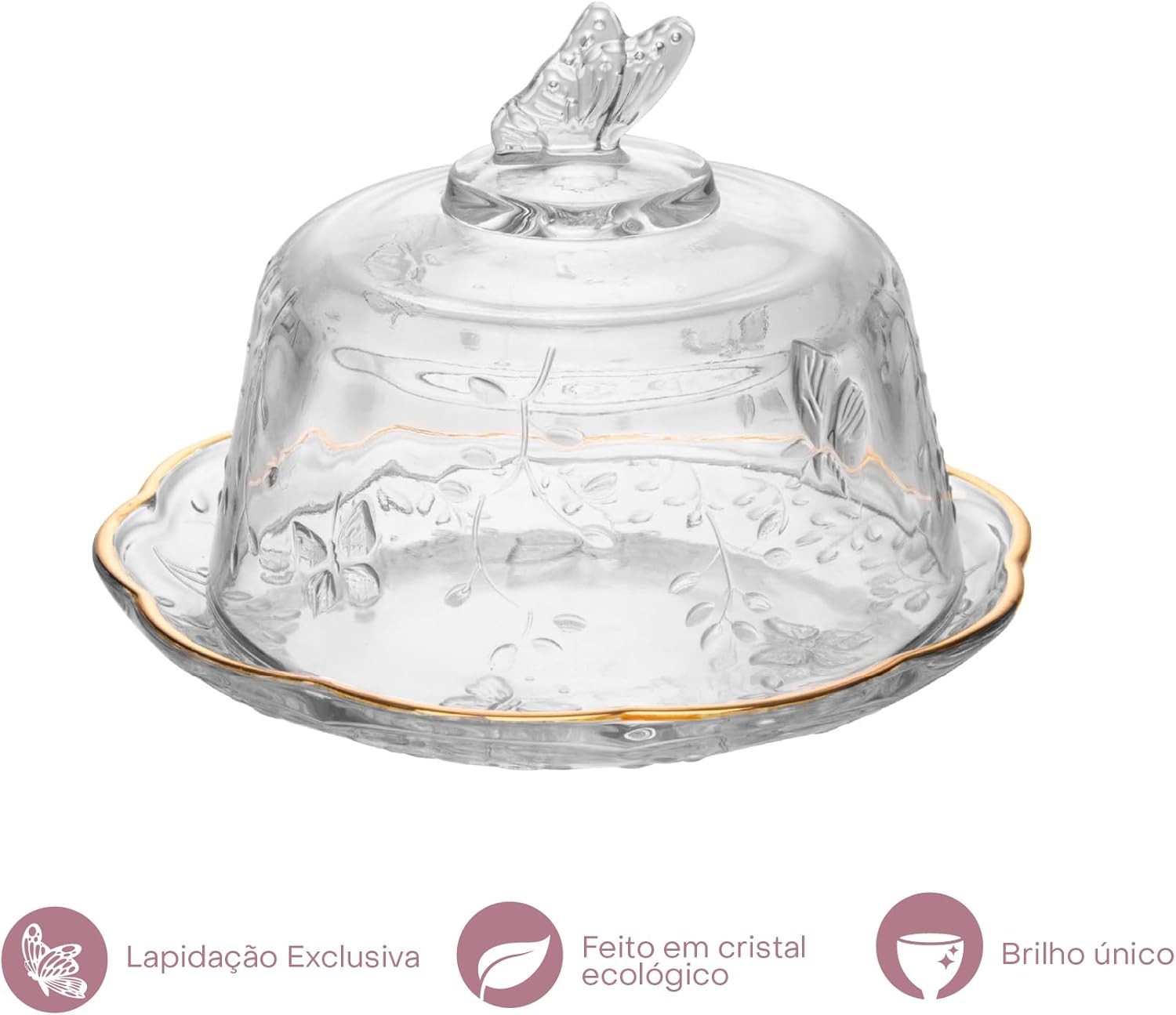 LYOR - Queijeira com Tampa New Butterfly com Fio de Ouro 19,5cm x 12,5cm Cristal Ecológico