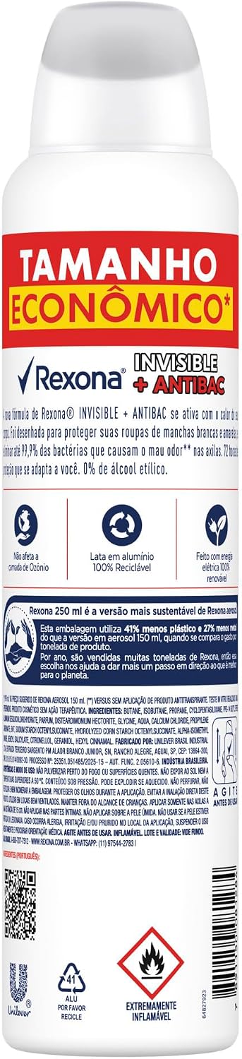 Rexona Antitranspirante Aerosol Antibacterial Invisible 250 ml