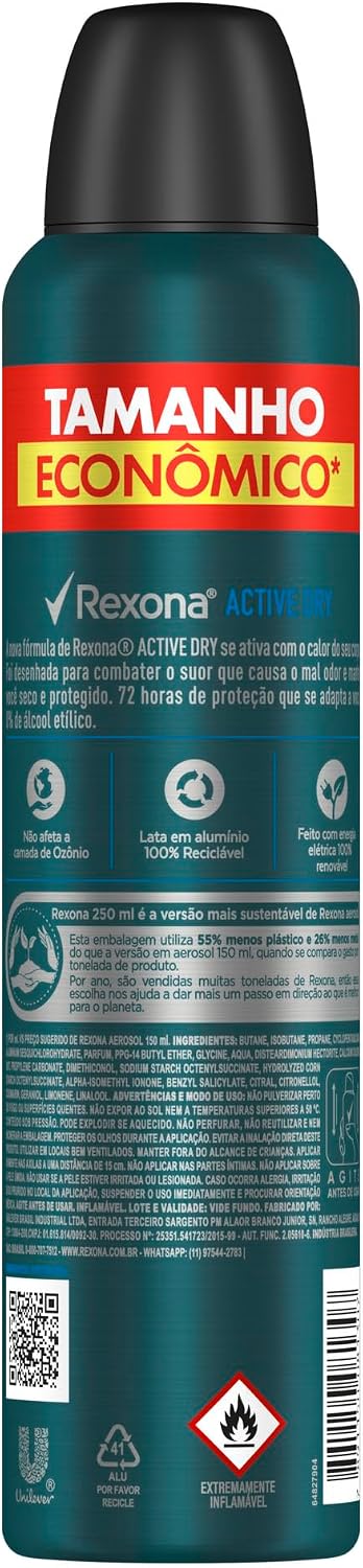 Desodorante Antitranspirante Aerosol Rexona Men Active Dry 72h