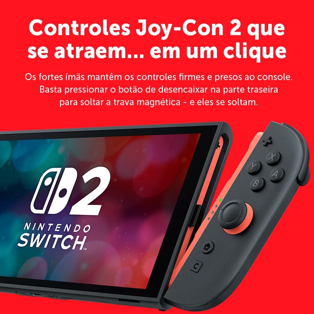 Nintendo, Console, Nintendo Switch 2, Nacional, Portátil e Doméstico, Bateria de até 9 Horas, Inclui Joy-Con com Suporte e Alças, 1 ano de Garantia - Modelo Nacional de Tomada