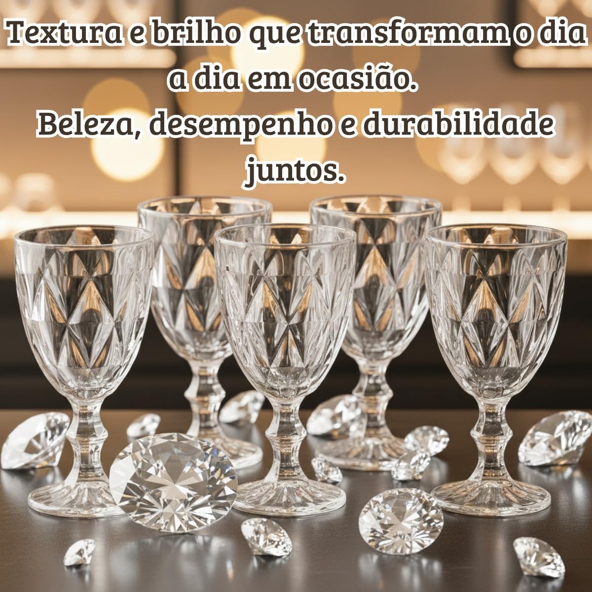 Jogo 6 Taças de Vidro Grande Diamond Bico Jaca 325ML Transparente Luxo para Vinho, Água e Drinks