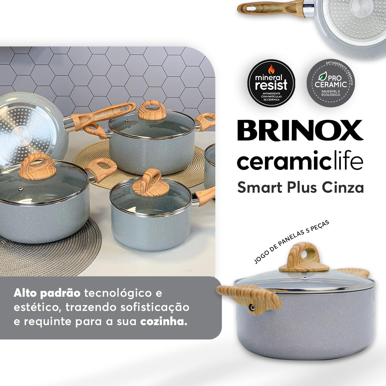 Brinox - Jogo de Panelas Ceramic Life 5 Peças Smart Plus com Fundo de Indução - Cinza Wooden