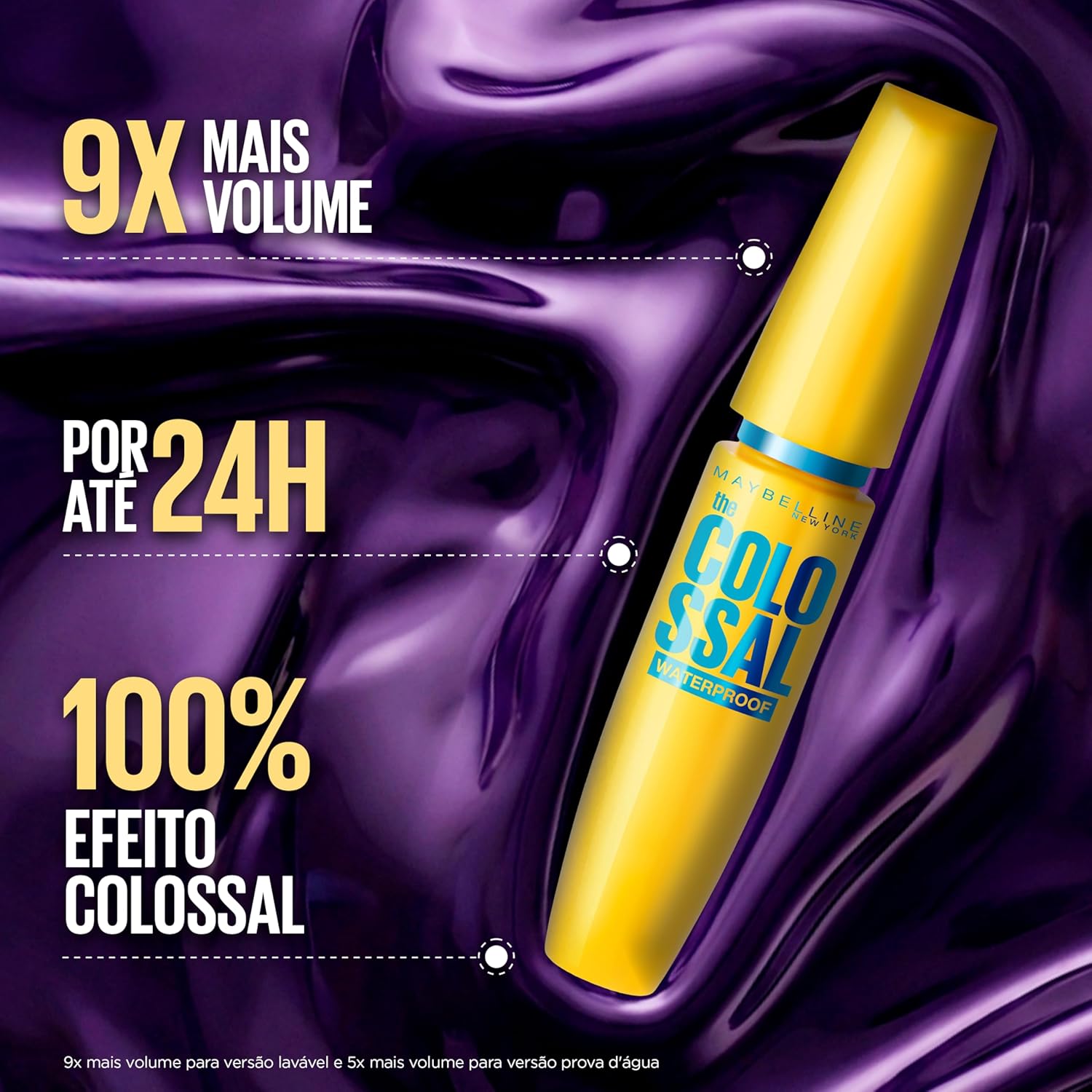 Maybelline NY The Colossal Volum' Express, Máscara de Cílios À Prova d'Água, 9x mais Volume por até 24h, Fórmula de Colágeno e Definição Intensa, Não Empelota, Cor Preto, 8ml