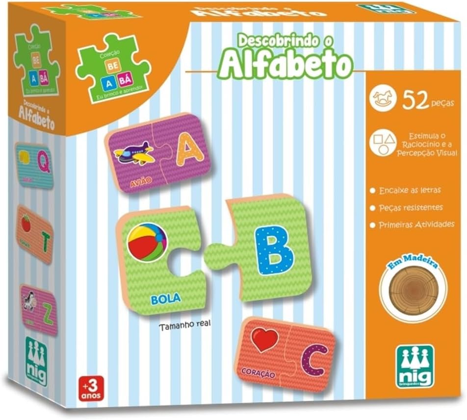 Brinquedo Descobrindo Alfabeto, Coleção Be a Bá, 52 Peças em Madeira, NIG Brinquedos