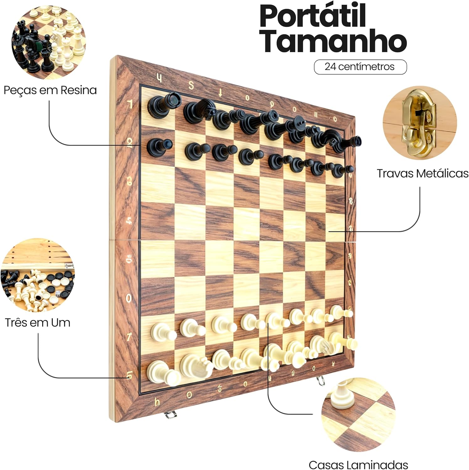 Jogo 3 em 1 Xadrez, Damas e Gamão com Tabuleiro Dobrável 24 cm