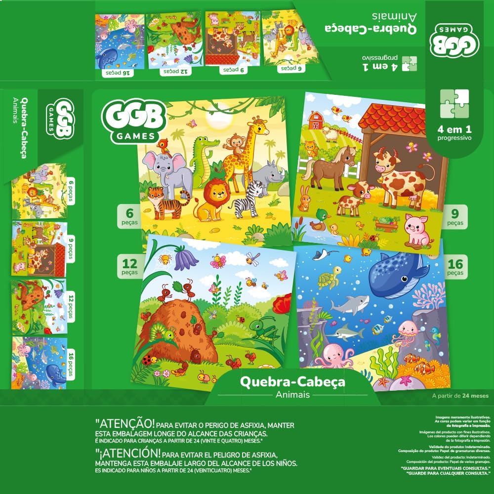 Quebra Cabeça 4 em 1 Animais 6, 9, 12 e 16 Peças GGB Plast
