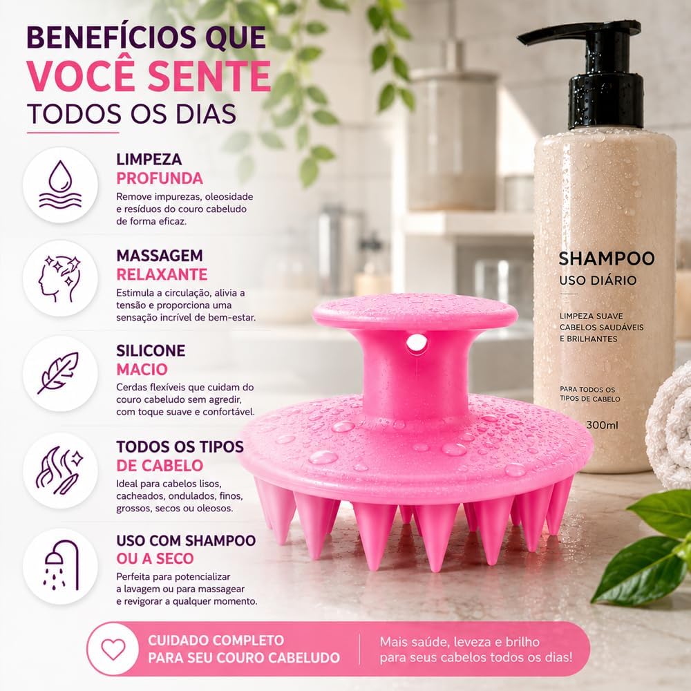 Escova Massageadora para Couro Cabeludo em Silicone – Limpeza Profunda, Massagem Relaxante, Uso com Shampoo ou a Seco, Cerdas Macias, Todos os Tipos de Cabelo, Homens e Mulheres, Design Ergonômico