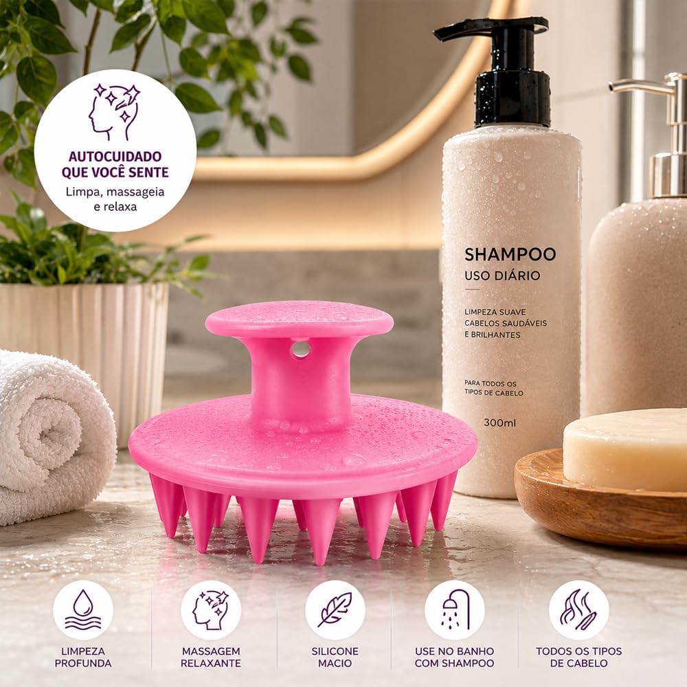 Escova Massageadora para Couro Cabeludo em Silicone – Limpeza Profunda, Massagem Relaxante, Uso com Shampoo ou a Seco, Cerdas Macias, Todos os Tipos de Cabelo, Homens e Mulheres, Design Ergonômico