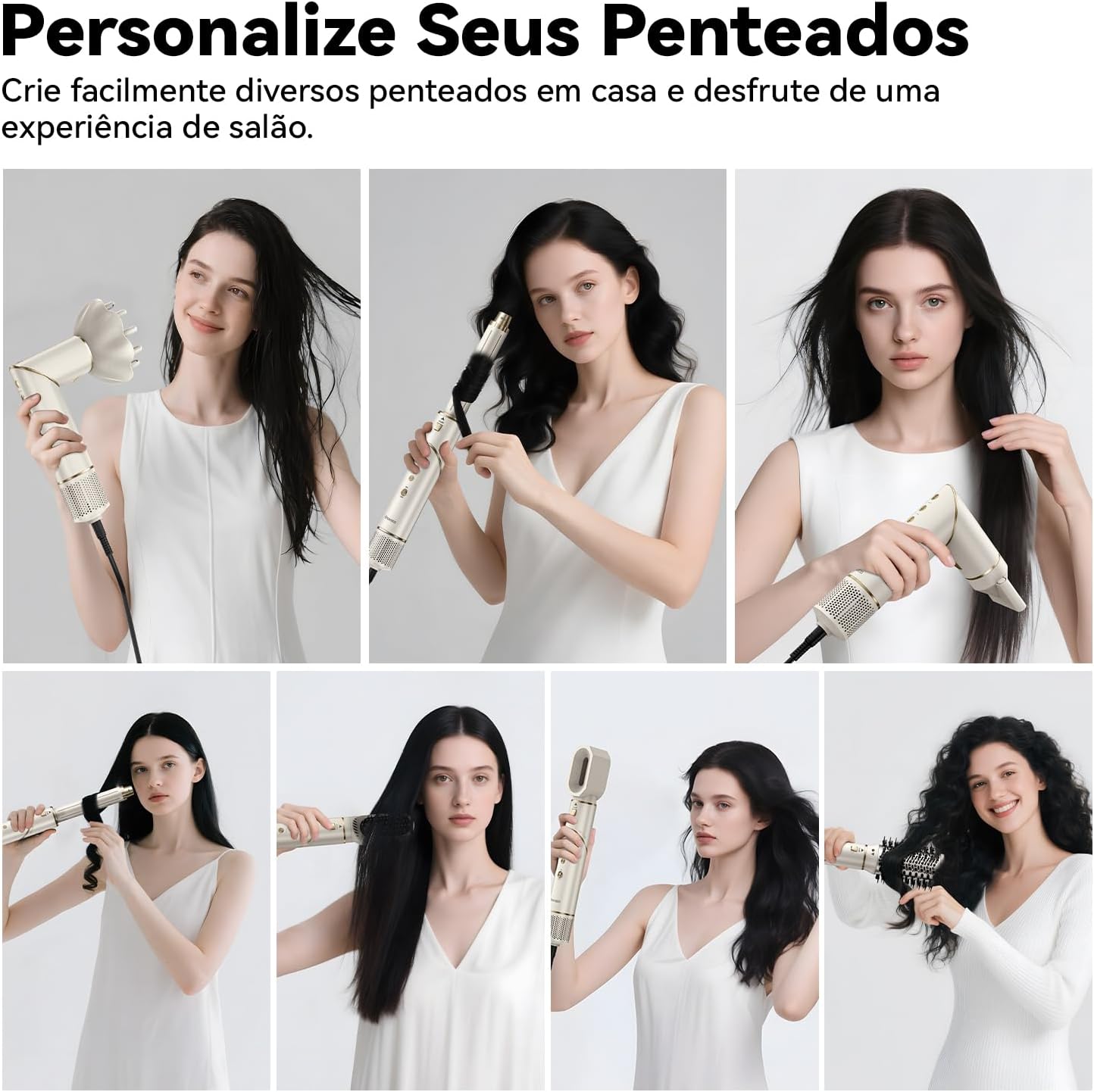 GOKOCO Secador de Cabelo 127v/110v 7 em 1 - Incluso 2x Bocal, Difusor, Escova Secadora, 2x Modelador de Cachos, Alisador para Alta Velocidade Para Secar, Alisar e Enrolar, GD032 Dourado