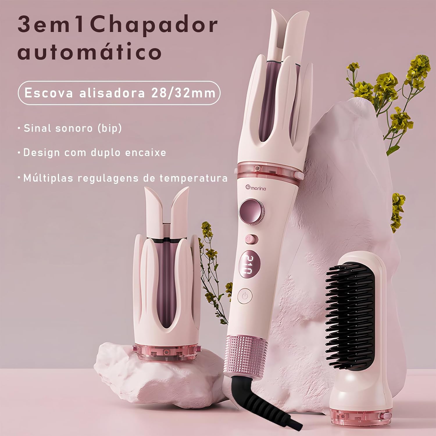 Modelador de Cachos Automático 3 em 1 (28/32 mm) com Escova Alisadora, Display LCD, 4 Temperaturas, Revestimento Cerâmico com Íons Negativos, Aquecimento Rápido, Desligamento Automático