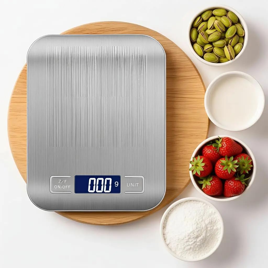 Balança de Cozinha Digital Premium em Inox Resistente à Água Portátil com Base Antiderrapante Visor de Alta Definição Alta Precisão Pesagem de 1g a 10kg Ideal para Dieta Fitness Alimentos Saudáveis!