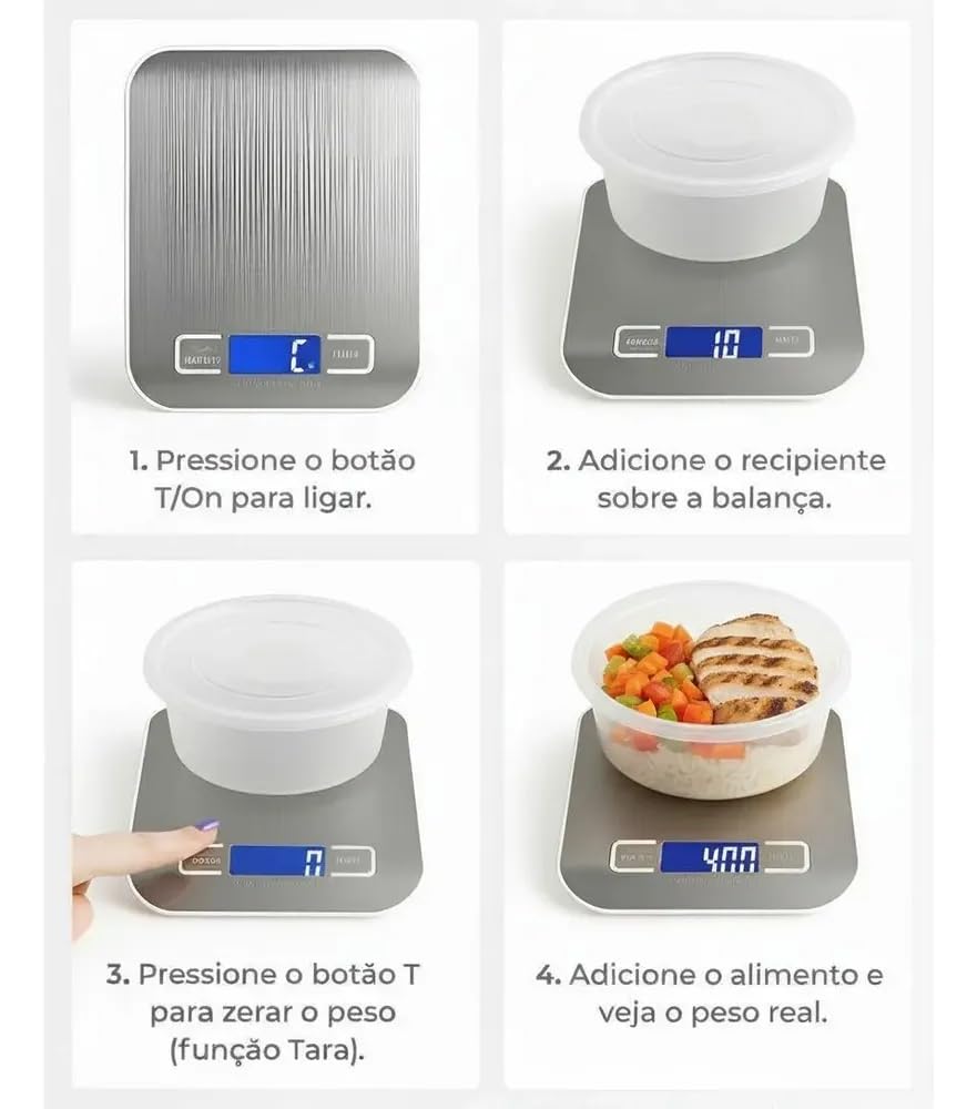 Balança de Cozinha Digital Premium em Inox Resistente à Água Portátil com Base Antiderrapante Visor de Alta Definição Alta Precisão Pesagem de 1g a 10kg Ideal para Dieta Fitness Alimentos Saudáveis!