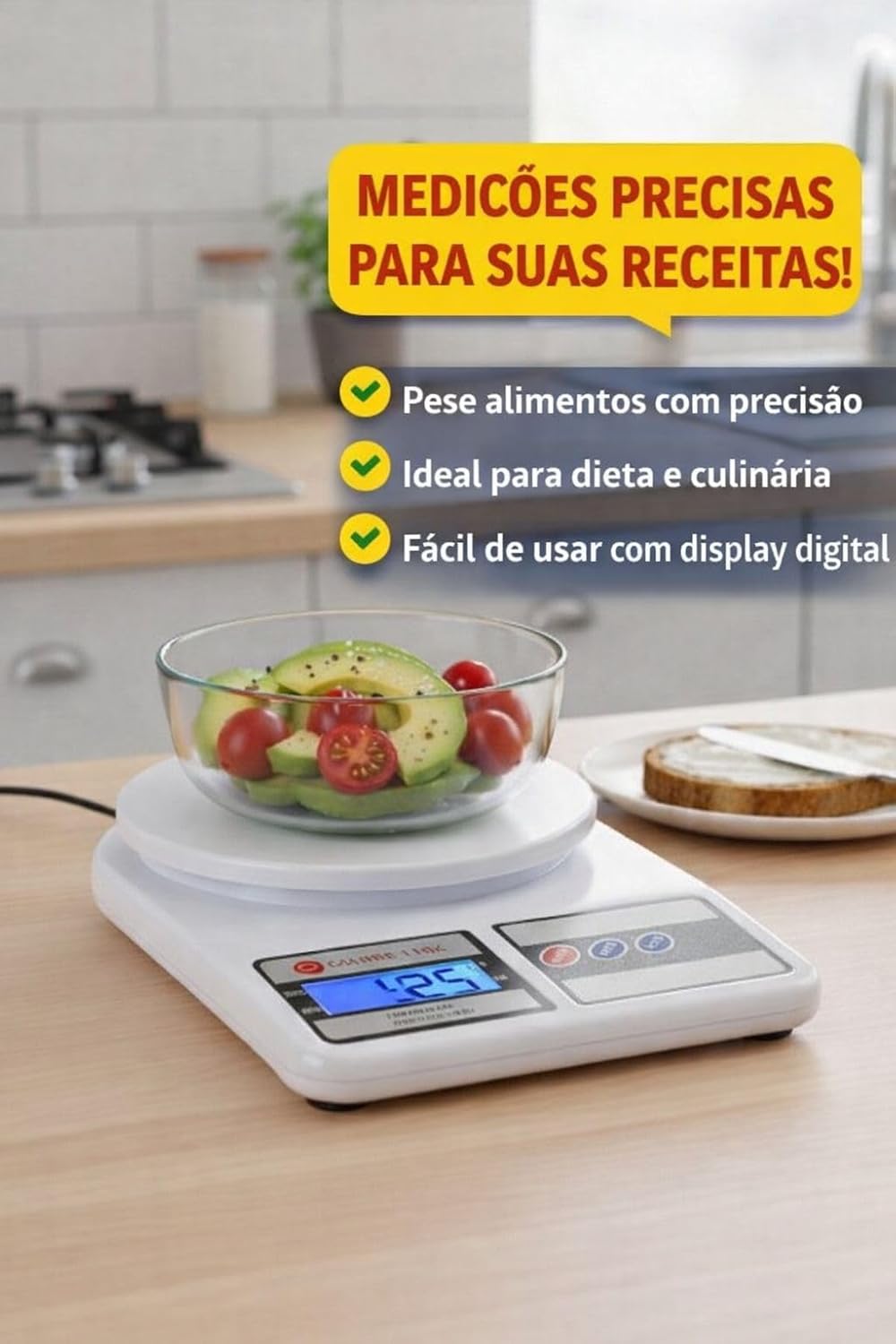 Balança de Cozinha Digital de Precisão até 10Kg Compacta para Receitas Doces e Salgadas, artesanato, delivery e laboratórios