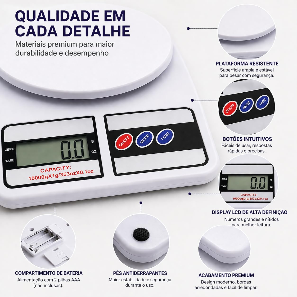 Balança Digital de Cozinha 10kg com Precisão de 1g