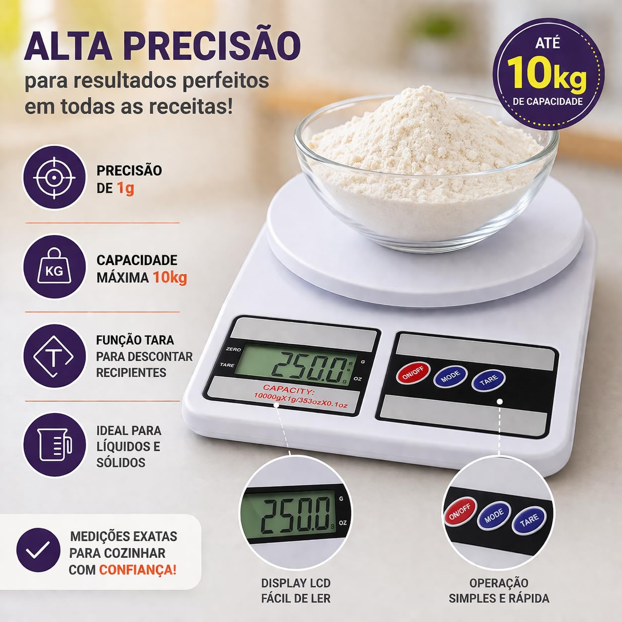 Balança Digital de Cozinha 10kg com Precisão de 1g