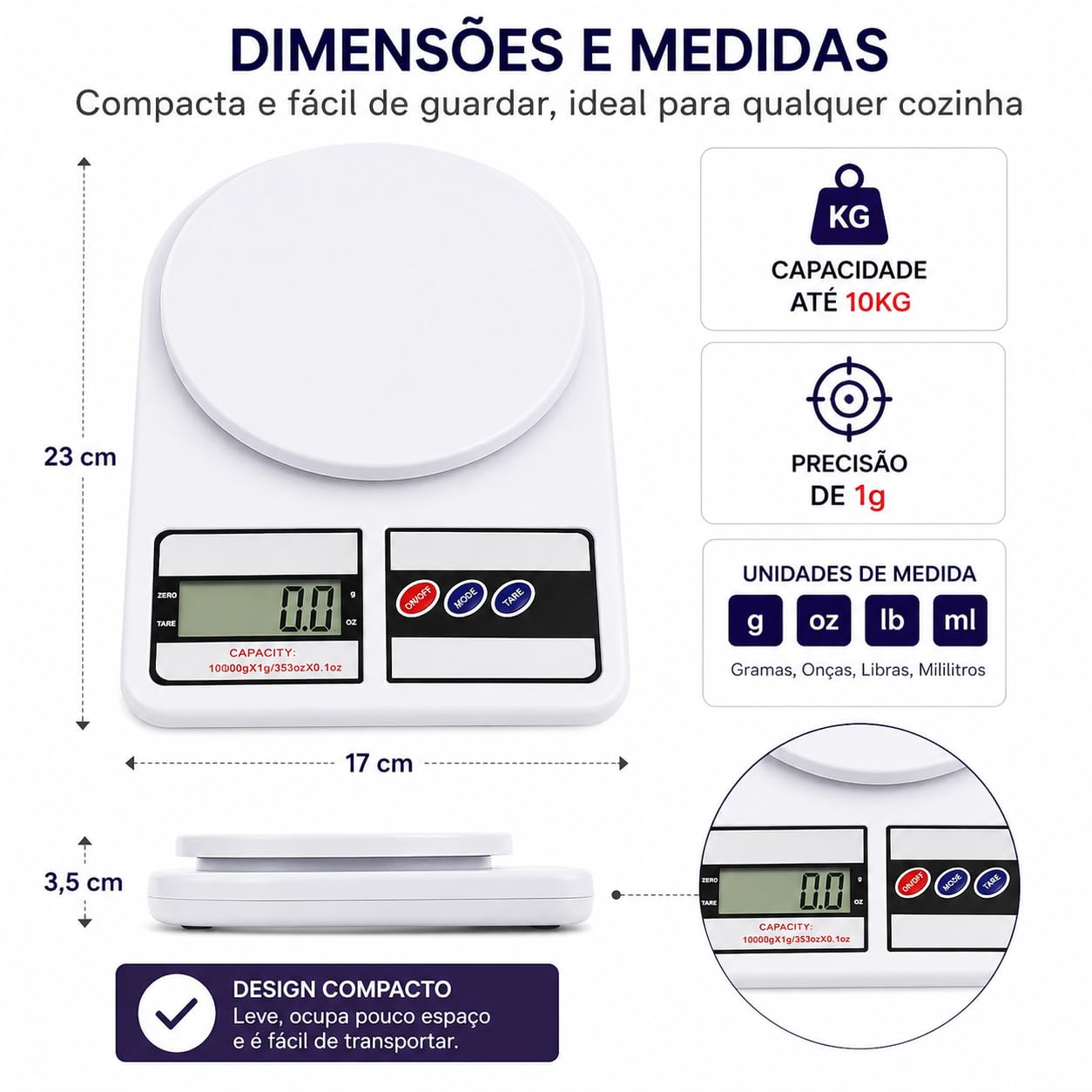 Balança Digital de Cozinha 10kg com Precisão de 1g