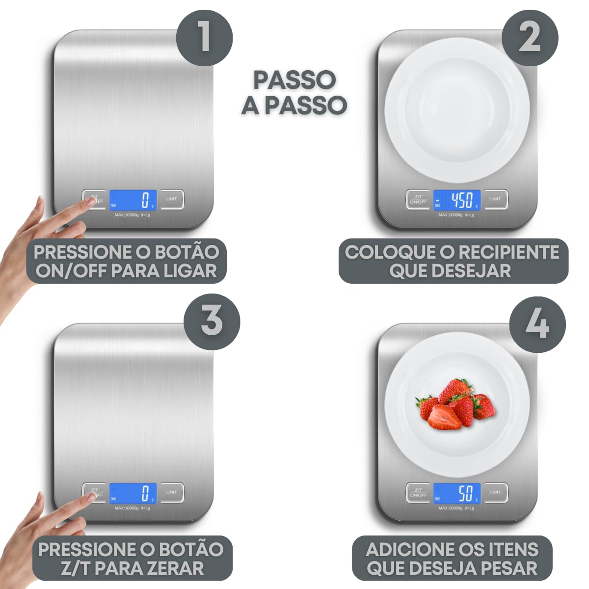 Balança de Cozinha Inox Digital para Alimentos Dieta Fitness Alta Precisão Resistente a Água Com Base Antiderrapante e Visor de Alta Definição Pesagem de 1g até 10kg Premium