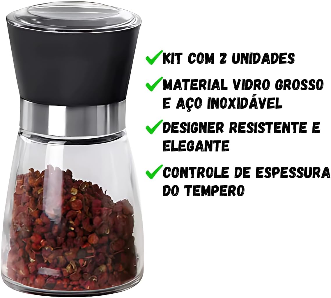 Kit 2 Moedores de Sal e Pimenta em Vidro com Tampa Preta e Anel Inox