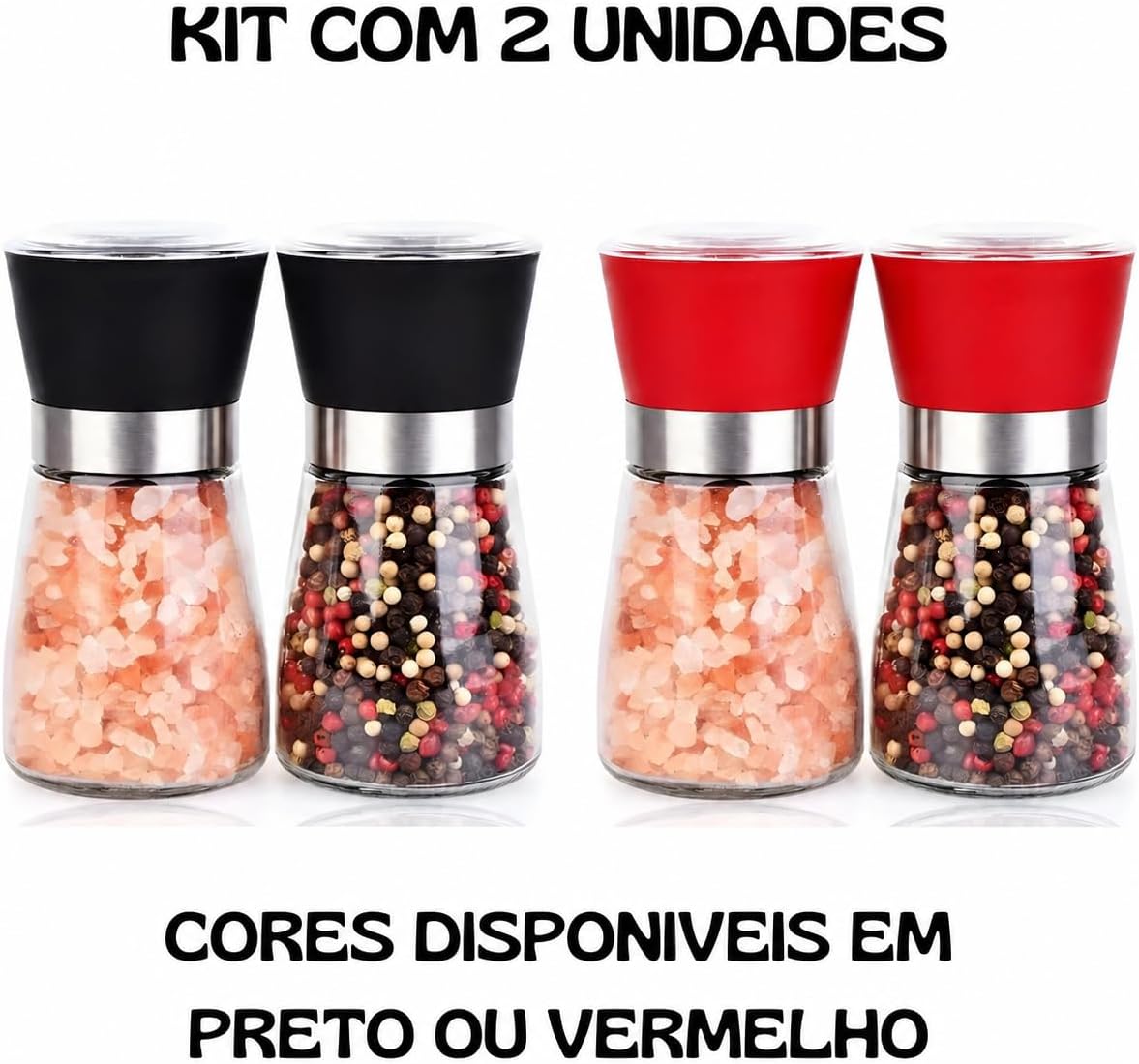 Kit 2 Moedores de Sal e Pimenta em Vidro com Tampa Preta e Anel Inox