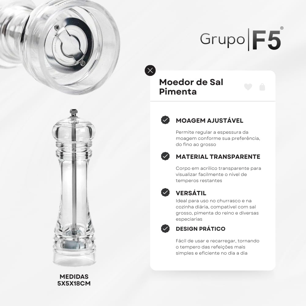Moedor de Sal Grosso Pimenta do Reino e Especiarias Ajustável em Acrílico Transparente com Cerâmica Resistente Churrasco e Cozinha Diária