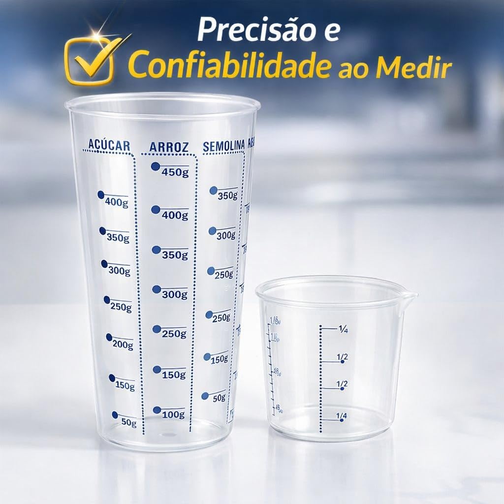 Kit 2 Copos Medidores de Plástico Resistente (2 Unidades) Grande 15x8cm + Pequeno 6x6cm