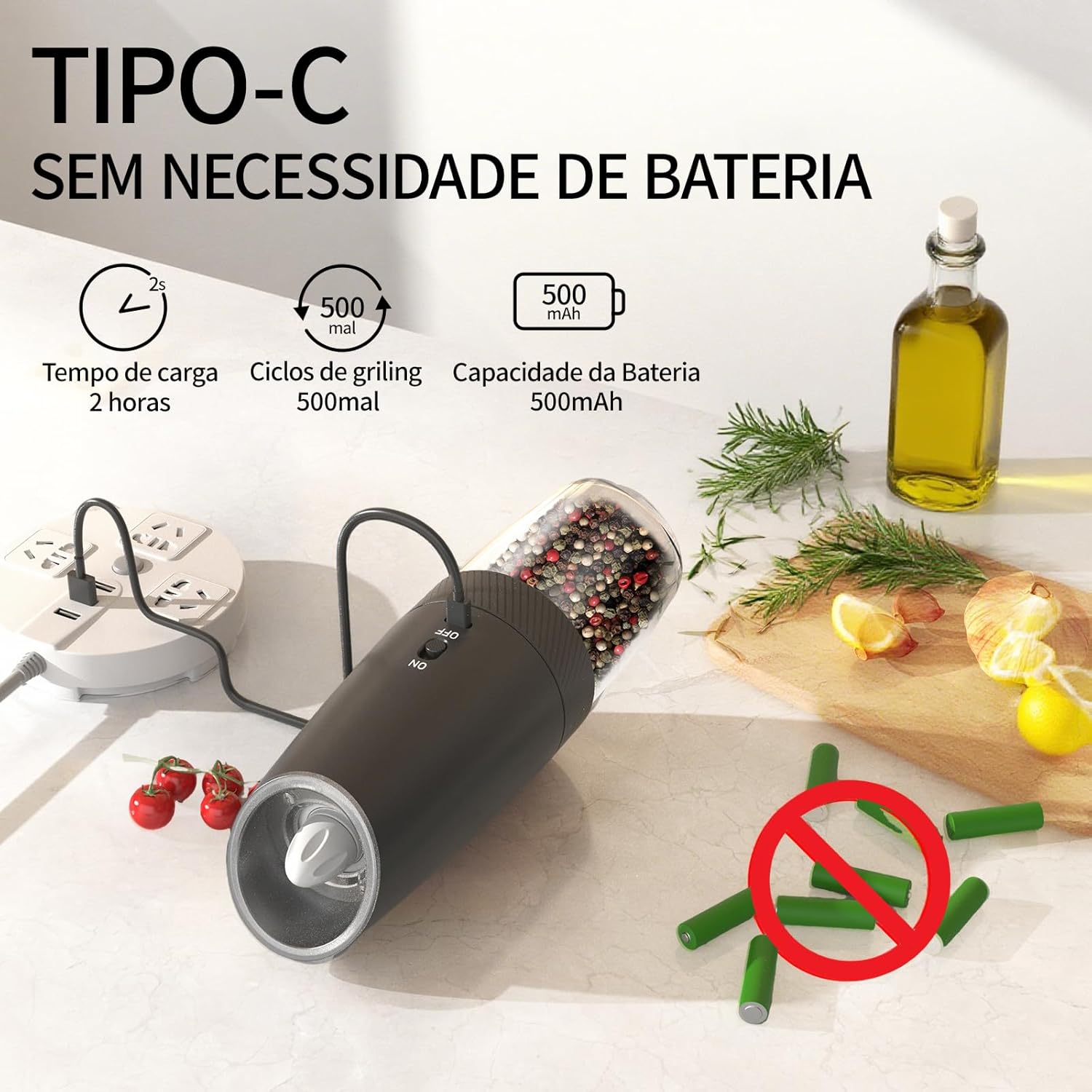 Moedor de Pimenta Elétrico Recarregável via USB