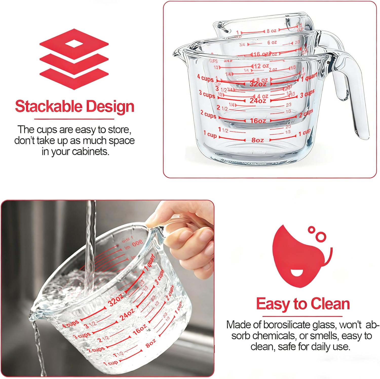 Conjunto 3 Copos Medidores de Vidro Borossilicato 250ml, 500ml e 1000ml