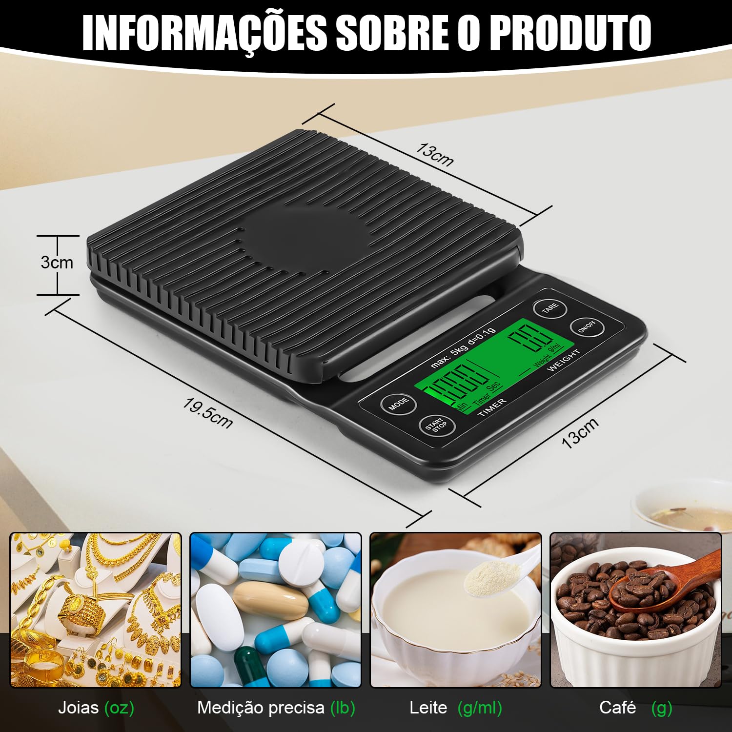 5 kg/0.1 g Balança Digital de Alta Precisão para Café e Infusões, Balança com Temporizador, Escala de Peso de Café com Tela LED, Balança de Cozinha Elétrica Precisa