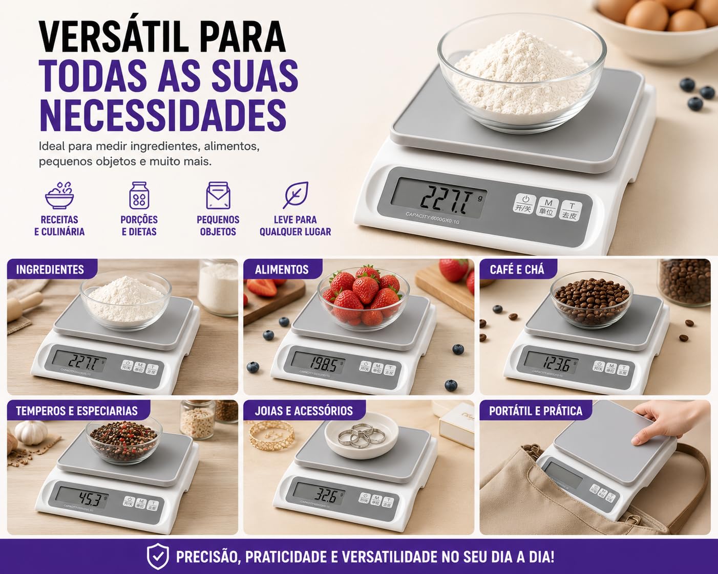 Balança Digital Recarregável Alta Precisão 0,1g Até 6kg Cozinha Profissional eletrônica