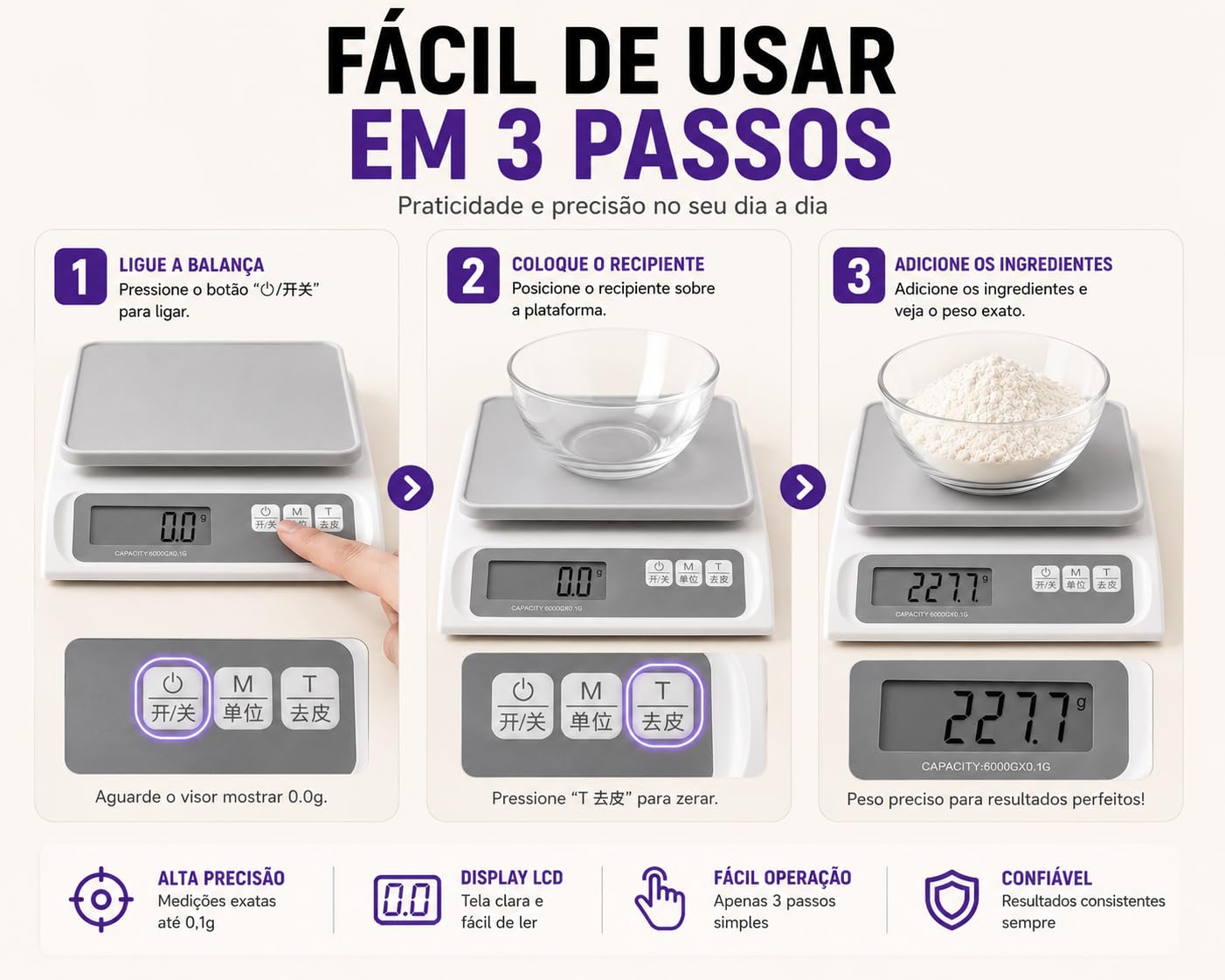 Balança Digital Recarregável Alta Precisão 0,1g Até 6kg Cozinha Profissional eletrônica