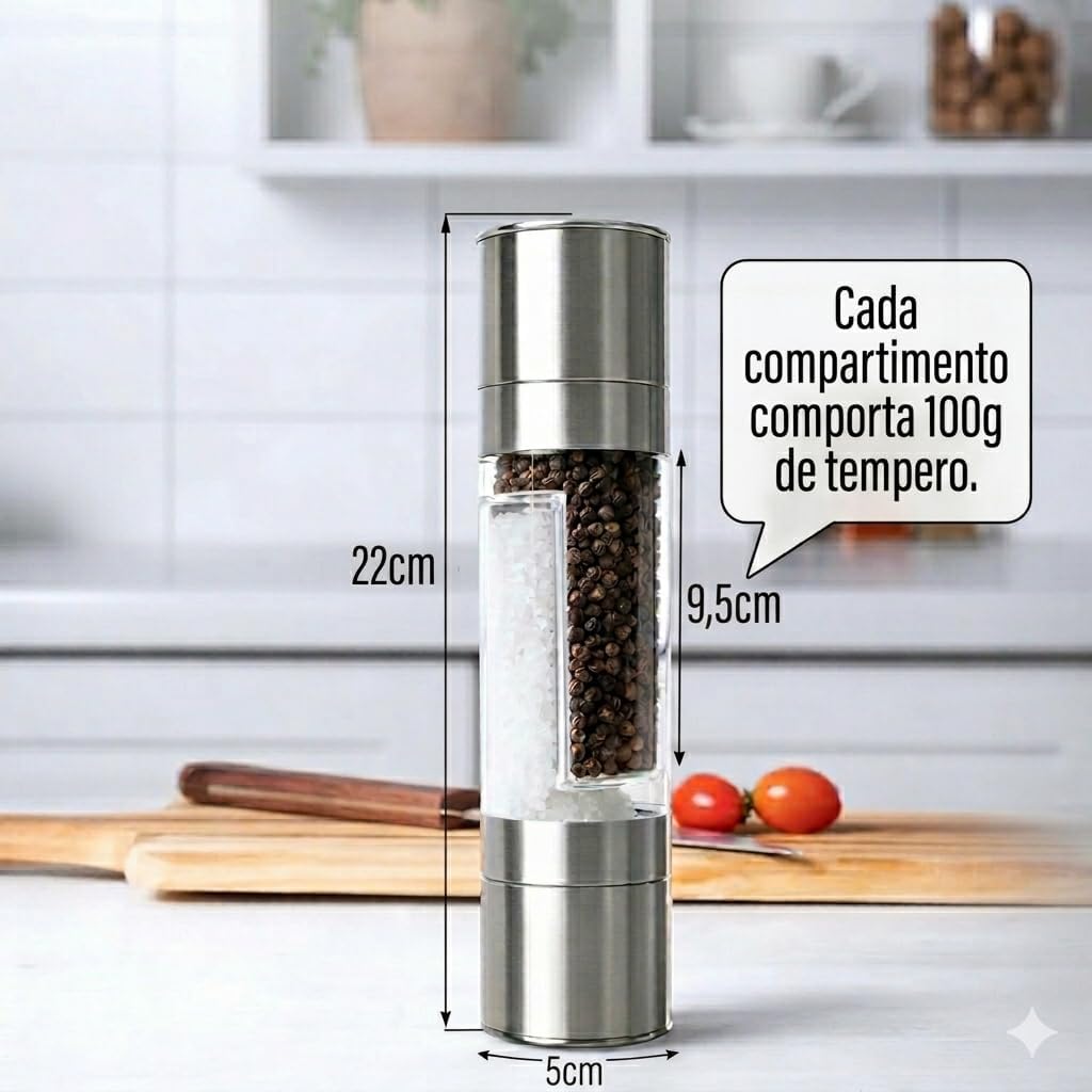 Moedor 2 em 1 Sal e Pimenta Manual Inox com Vidro – Ajuste de Moagem Fino/Grosso, Compartimento Duplo, Triturador de Temperos Gourmet, Design Premium para Cozinha e Churrasco