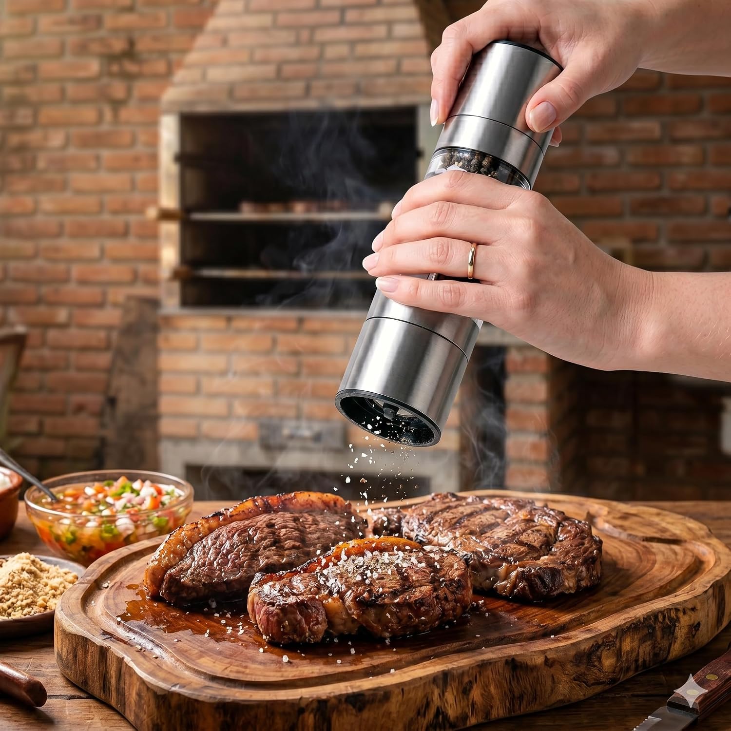 Moedor 2 em 1 Sal e Pimenta Manual Inox com Vidro – Ajuste de Moagem Fino/Grosso, Compartimento Duplo, Triturador de Temperos Gourmet, Design Premium para Cozinha e Churrasco