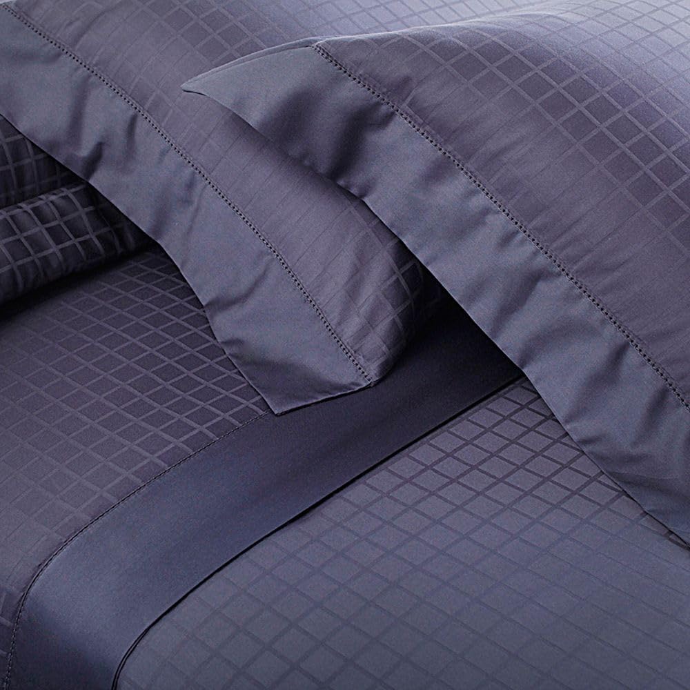 Buddemeyer Jogo de Cama Solteiro Cetim 300 Fios Damask Square 100% Algodão Penteado Azul 3 peças