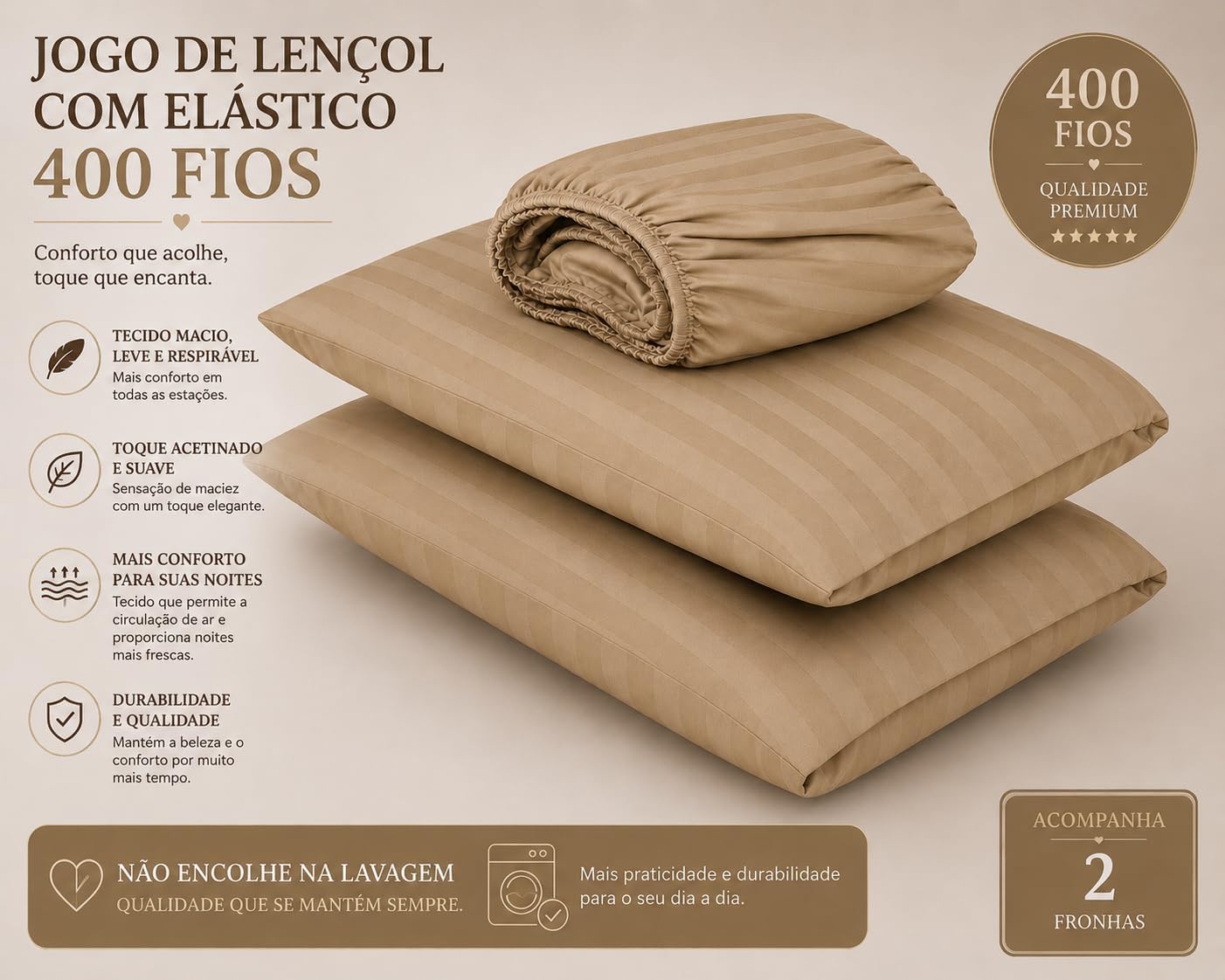 Jogo de Lençol Casal 400 Fios com Elástico + 2 Fronhas Bege Toque Macio e Fácil de Lavar Tecido 100% Poliéster para Colchões até 30 cm Altura