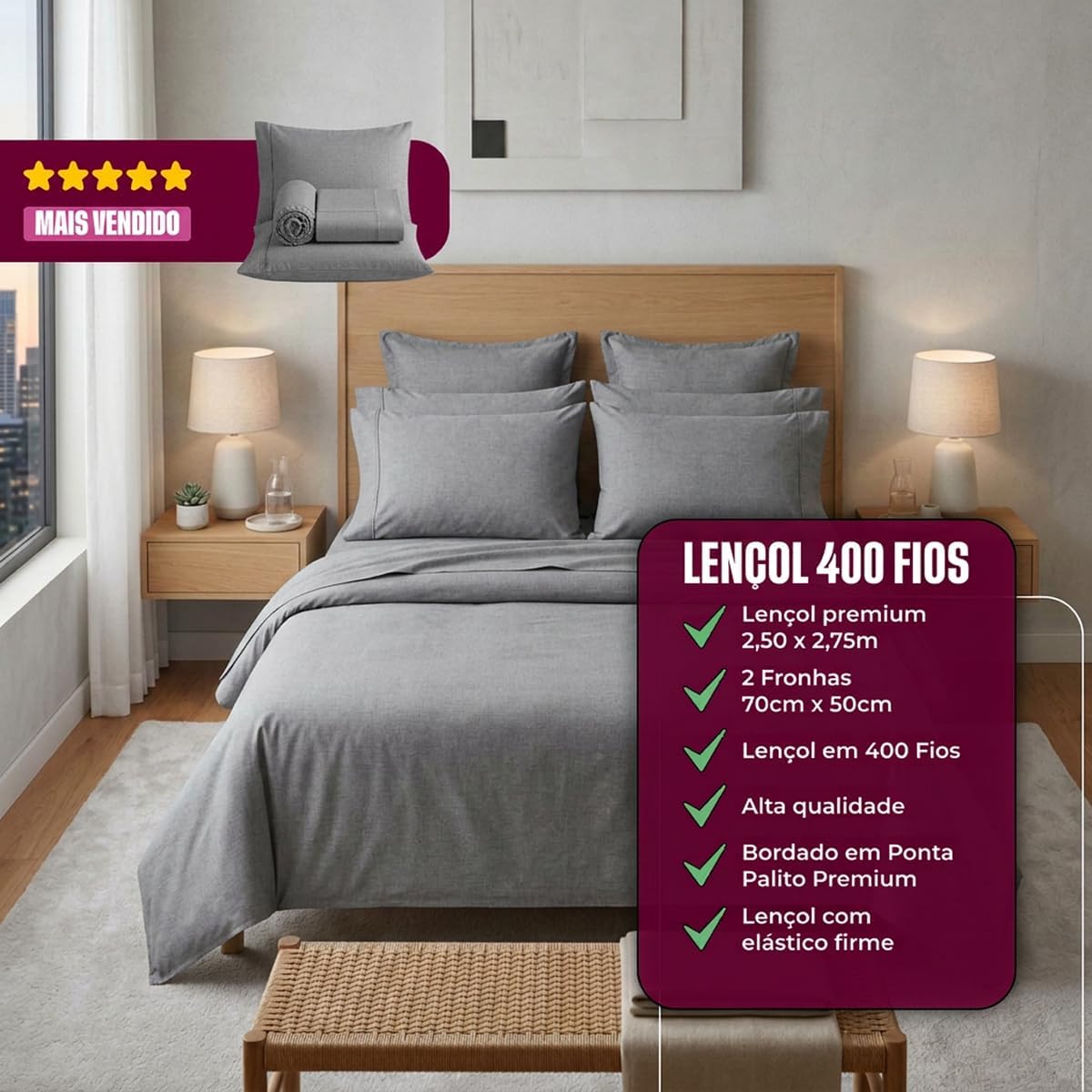 Kit Cama Lençol Completo 4 Peças 400 Fios Percal Ponto Palito Antiácaro Antialérgico Não Faz Bolinha Toque Seda Hotel Casa Dona (Casal, Cinza)