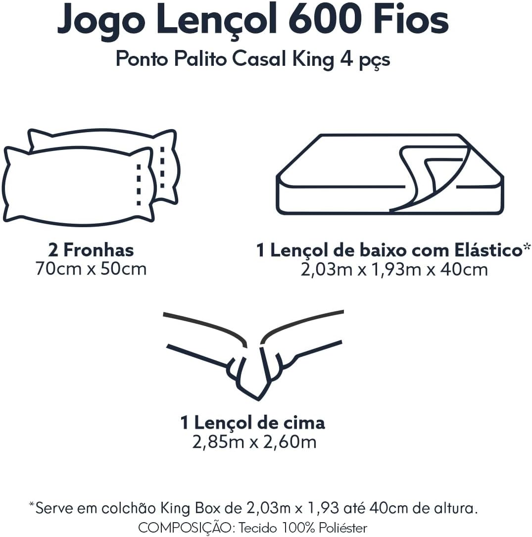 Jogo De Lençol Cama Box King Size 4 Peças Percal 600 Fios Toque Macio Cinza