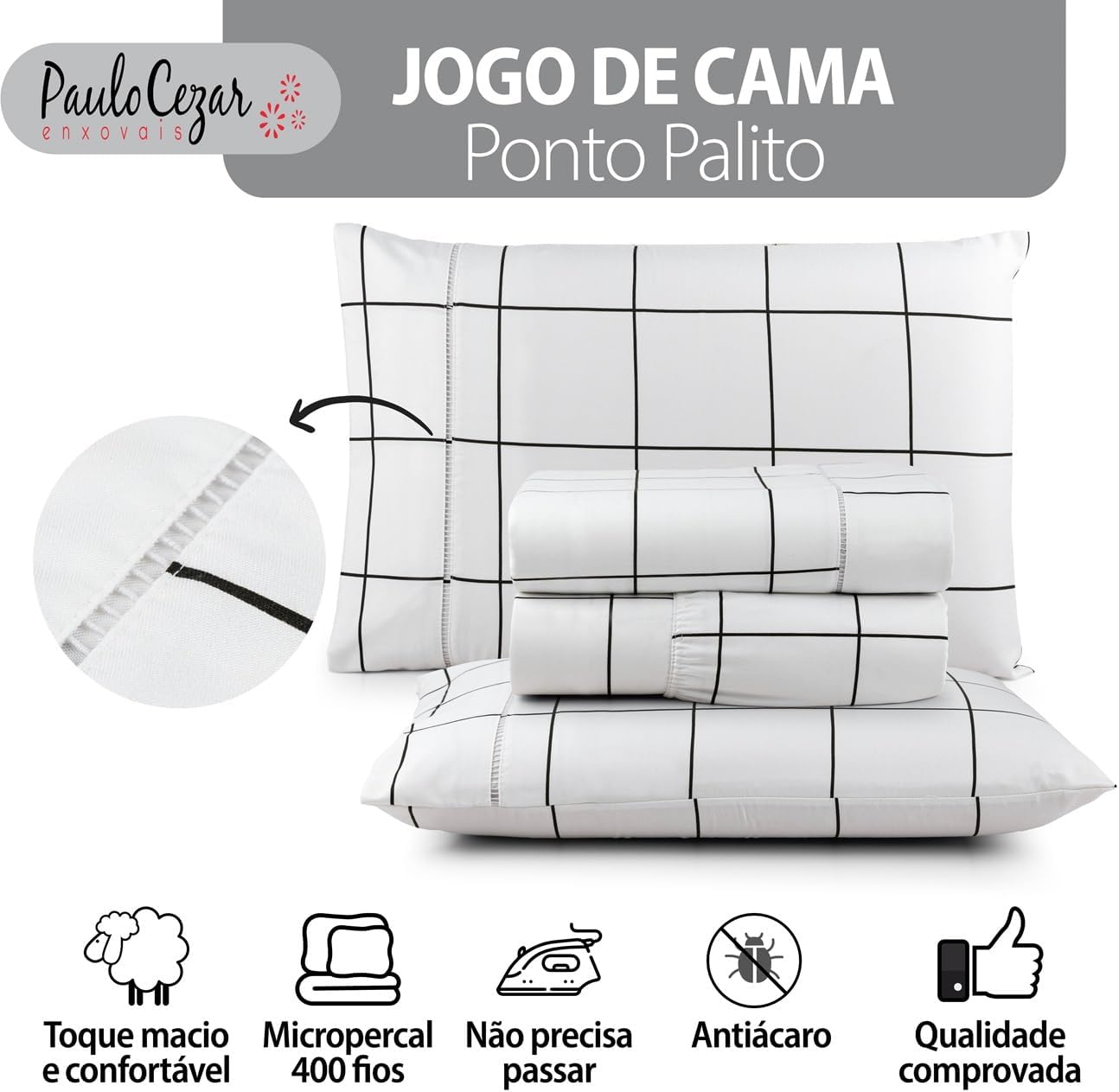 Jogo de Cama Percal 400 Fios Poliéster com Ponto Palito