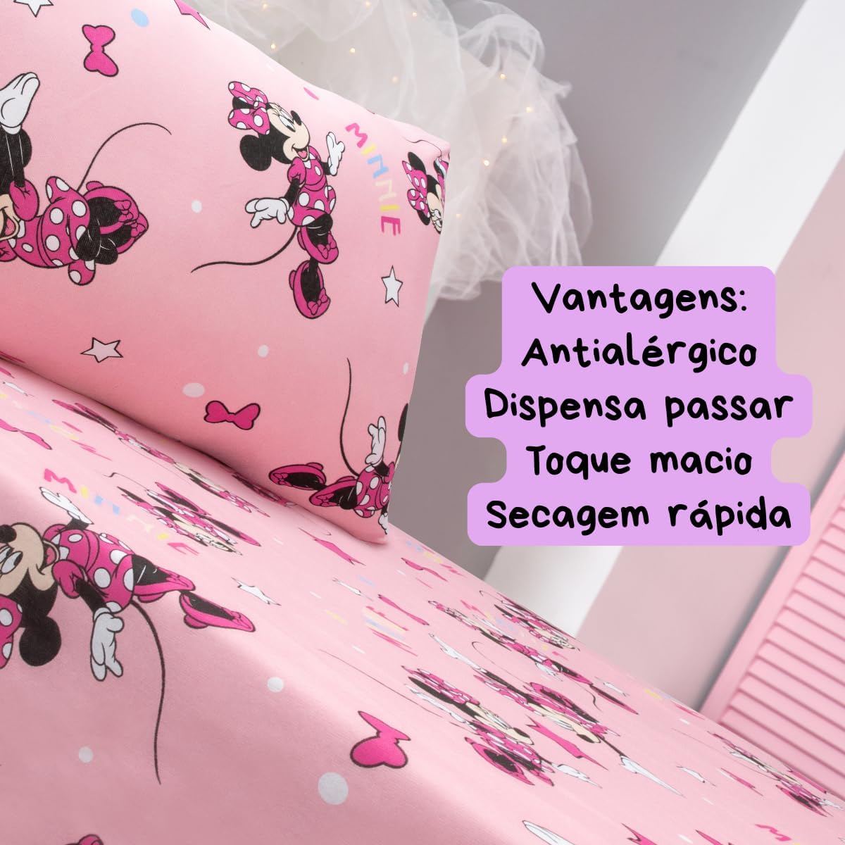 Jogo de Lençol Portallar Disney Kids 70% Algodão Solteiro Minnie Estrela