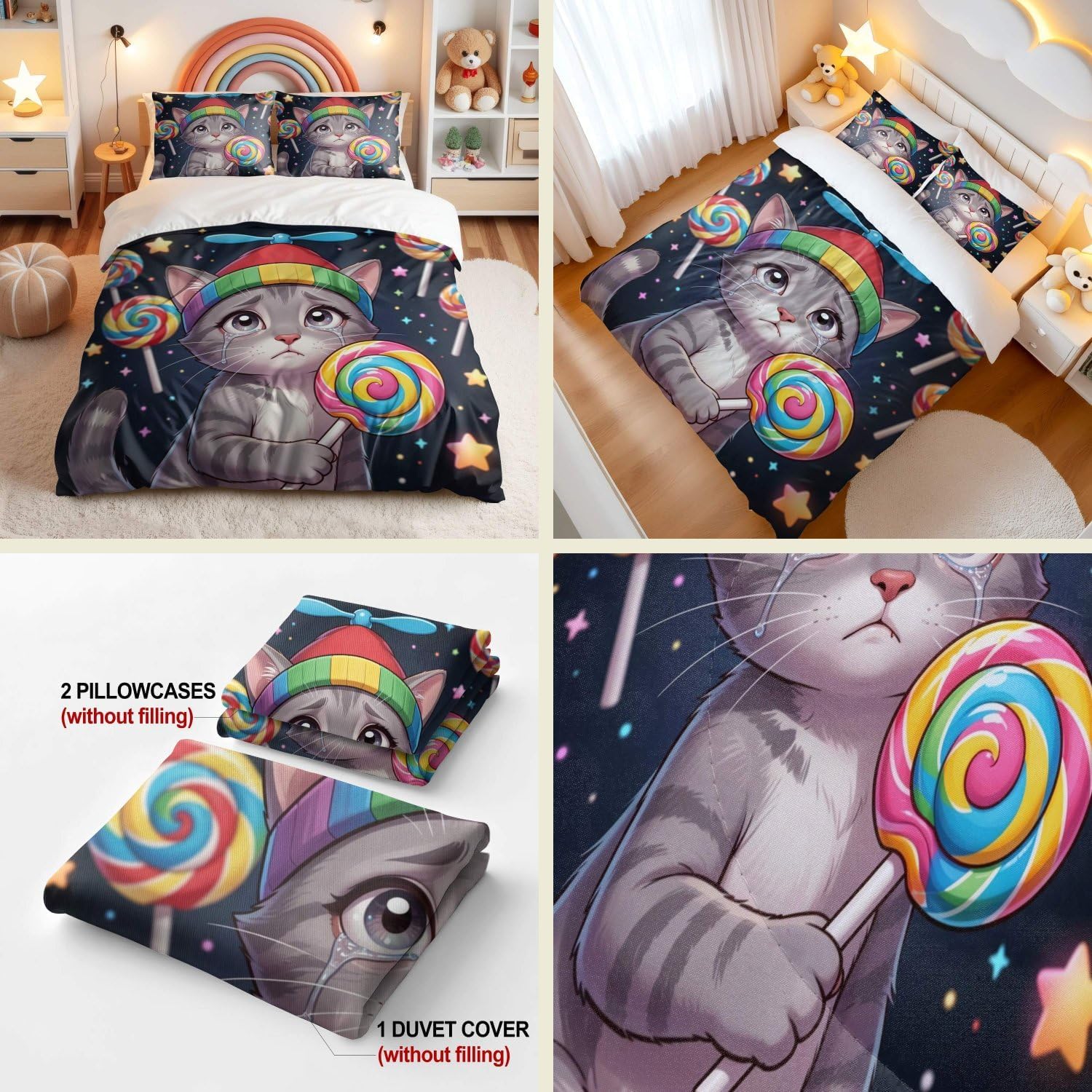 Jogo de Cama Estampa de Gatos Impressão Digital 3D Fundo Branco