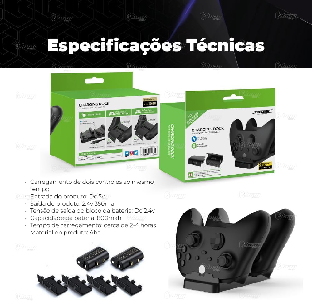 Carregador Duplo com 2 Baterias Recarregáveis para Controles Xbox