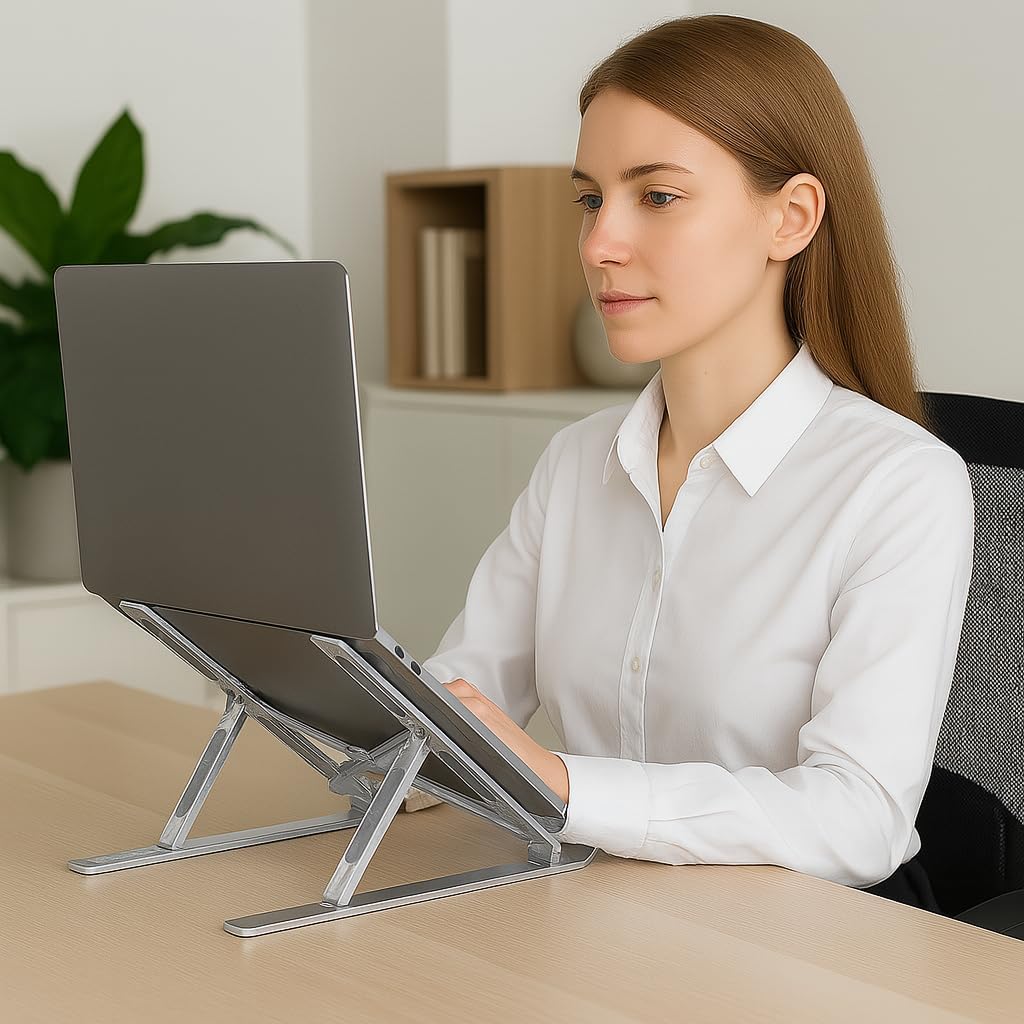 Suporte para Notebook e Tablet Linha Premium em Alumínio Dobrável e Ergonômico Para Desktop Portátil Ajustável em 6 Ângulos com Altura Regulável Leve Apoio Universal - Com estojo para armazenagem