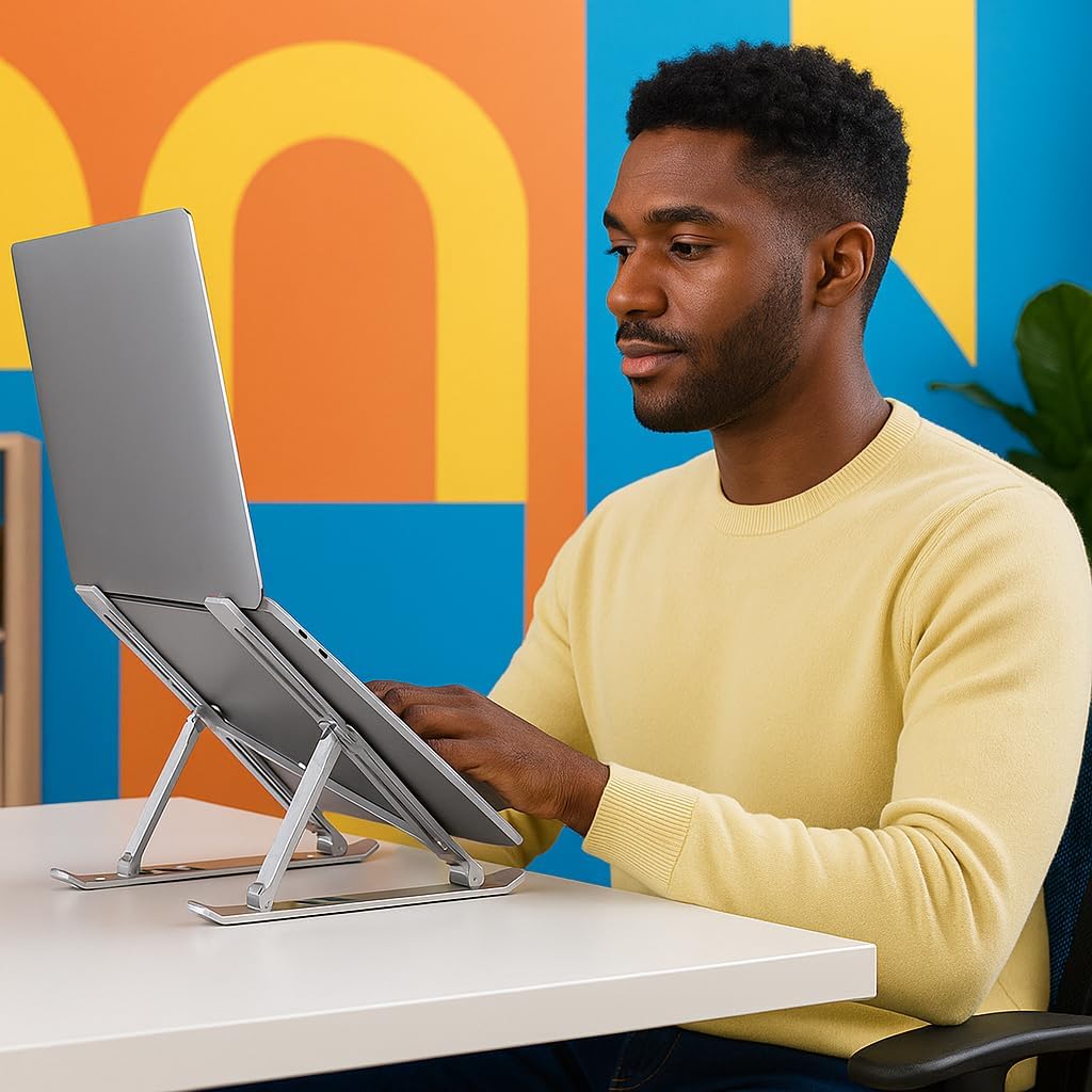 Suporte para Notebook e Tablet Linha Premium em Alumínio Dobrável e Ergonômico Para Desktop Portátil Ajustável em 6 Ângulos com Altura Regulável Leve Apoio Universal - Com estojo para armazenagem