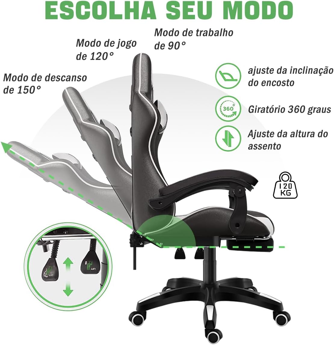 Cadeira Ergonômica Reclinável 90 a 150 Graus com Apoio para os Pés