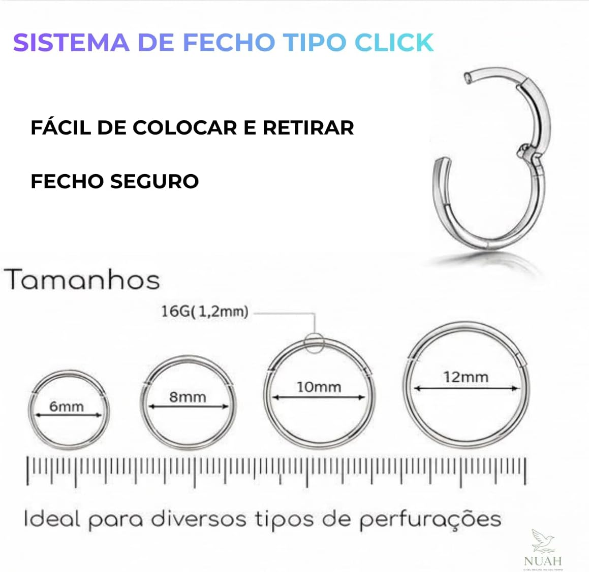 Piercing Argola Titânio com Zircônia Cravejada – Hipoalergênico para Tragus Helix Cartilagem Nariz, 6mm 8mm 10mm 12mm