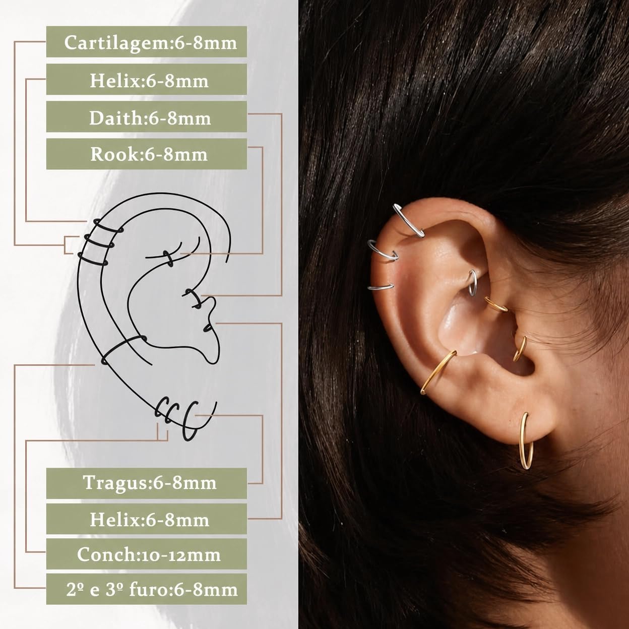 Piercing Argola Titânio com Zircônia Cravejada – Hipoalergênico para Tragus Helix Cartilagem Nariz, 6mm 8mm 10mm 12mm